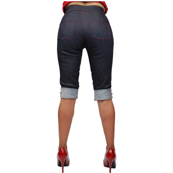 Pinky Pinups Denim Roll Up Bermuda Side Zipper Pan - Picture 2 of 3